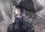  1girl bangs black_dress blue_bow bow brown_hair commentary_request crying crying_with_eyes_open dress eyebrows_visible_through_hair frilled_umbrella from_above gothic_lolita highres holding holding_umbrella lolita_fashion long_sleeves looking_at_viewer looking_back looking_up missile228 original outdoors rain red_eyes reflection ripples solo tears umbrella water wide_sleeves 