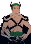  1boy absurdres black_eyes earrings fur_coat green_hair haramaki highres horns jewelry large_pectorals male_focus one_piece pectorals quana roronoa_zoro sheath sheathed short_hair solo strap sword toned toned_male weapon white_background 