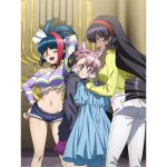  3girls animal_ears artist_request ass black_hair blue_eyes blue_hair blue_shorts blush braid breasts closed_mouth collarbone elsa_(symphogear) eyebrows_visible_through_hair fang hair_ornament hair_ribbon hairband indoors large_breasts long_hair looking_at_another midriff millaarc multicolored_hair multiple_girls navel official_art one_eye_closed open_mouth orange_eyes pants pink_hair red_hair ribbon senki_zesshou_symphogear senki_zesshou_symphogear_xd_unlimited shiny shiny_hair short_hair short_shorts shorts smile sweater vanessa_(symphogear) white_hair white_pants wolf_ears wolf_girl yellow_sweater 