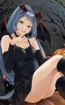 1girl absurdres bare_legs bare_shoulders black_dress black_legwear blue_eyes blue_hair boku_no_hero_academia commentary_request demon_girl demon_horns demon_tail demon_wings dress fengling_(furin-jp) finger_to_mouth hadou_nejire halloween highres horns lipstick looking_at_viewer makeup nail_polish solo tail wings 