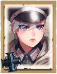  1girl bangs closed_mouth commentary company_of_heroes earrings english_commentary german_army hat jacket jewelry lipstick looking_at_viewer makeup military military_coat military_hat military_jacket military_uniform original portrait purple_eyes short_hair single_earring solo uniform v-shaped_eyebrows world_war_ii zhainan_s-jun 