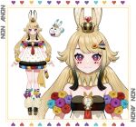  1girl absurdres animal_ears anon_non black_hair blonde_hair character_name character_sheet crown dress gradient_hair heart heart-shaped_pupils highres key_hair_ornament loose_socks mini_crown multicolored_hair official_art papi_(anon_non) party_popper_hair_ornament platform_footwear playing_card_theme prism_project purple_eyes rabbit_ears rabbit_girl rabbit_tail short_dress strapless strapless_dress symbol-shaped_pupils tail two-tone_hair wrist_cuffs yuu_(higashi_no_penguin) 