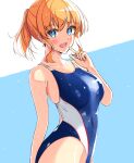  1girl blonde_hair blue_eyes blue_swimsuit breasts commentary_request competition_swimsuit cowboy_shot looking_at_viewer medium_breasts multicolored_background one-piece_swimsuit original ponytail short_hair solo swimsuit toyomi_13 wet wet_clothes wet_swimsuit 