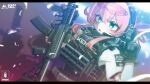  1girl absurdres bangs black_gloves blush commentary_request eyewear_on_head gloves green_eyes gun headset highres holding holding_gun holding_weapon iwasawayuki magazine_(weapon) open_mouth original pink_hair safety_glasses sidelocks solo tied_hair weapon 