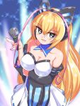  1girl azure_striker_gunvolt blonde_hair blush breasts butterfly_hair_ornament cleavage commentary_request cougar_(cougar1404) detached_sleeves dress green_eyes hair_ornament long_hair looking_at_viewer lumen_(gunvolt) microphone open_mouth smile solo 