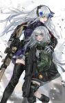  2girls assault_rifle bag bangs black_footwear black_hairband black_legwear blue_hair breasts buckle commentary g11_(girls&#039;_frontline) german_flag girls&#039;_frontline gloves green_eyes green_jacket green_skirt grey_eyes gun h&amp;k_g11 h&amp;k_hk416 hairband highres hk416_(girls&#039;_frontline) holding holding_gun holding_weapon jacket long_hair multiple_girls nslacka open_mouth rifle shirt silver_hair skirt sweatdrop tactical_clothes thighhighs trigger_discipline uniform weapon white_gloves white_shirt zettai_ryouiki 