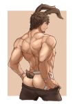  1boy absurdres animal_ears ardbert_(ff14) ass ass_cutout aussummer back bara blush brown_hair brown_pants clothes_pull clothing_cutout cropped_legs embarrassed final_fantasy final_fantasy_xiv from_behind highres jockstrap kemonomimi_mode looking_at_viewer male_focus male_underwear mature_male muscular muscular_male nipples pants pants_pull pectorals pulled_by_self rabbit_boy rabbit_ears rabbit_tail short_hair sidepec solo tail underwear undressing white_male_underwear 