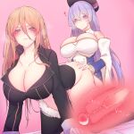  2girls absurdres all_fours ass azur_lane bismarck_(azur_lane) black_footwear black_headwear black_jacket blue_eyes boots braid breasts buttons censored cleavage coat detached_sleeves double-breasted eyebrows_visible_through_hair french_braid fur-trimmed_boots fur_trim futa_with_female futanari gold_trim hair_between_eyes highres huge_breasts jacket kneeling long_hair mosaic_censoring multiple_girls penis pink_background purple_coat purple_eyes purple_hair rikuguma rodney_(azur_lane) sex simple_background thigh_boots thighhighs two-tone_coat vaginal very_long_hair white_coat white_footwear x-ray 