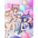  3girls ahoge artist_request blue_eyes blue_hair blush breasts card cleavage closed_mouth eyebrows_visible_through_hair flower hair_flower hair_ornament happy_birthday kazanari_tsubasa large_breasts long_hair looking_at_another looking_at_viewer lying maria_cadenzavna_eve multiple_girls official_art pajamas pink_hair purple_eyes senki_zesshou_symphogear senki_zesshou_symphogear_xd_unlimited shiny shiny_hair side_ponytail silver_hair small_breasts smile yukine_chris 