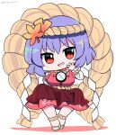  1girl artist_name autumn_leaves bangs black_hairband breasts brown_skirt chibi eyebrows_visible_through_hair flying hair_between_eyes hair_ornament hairband hand_up highres jewelry leaf leaf_hair_ornament long_sleeves medium_breasts open_mouth purple_hair ramudia_(lamyun) red_eyes red_shirt ring sandals shadow shirt short_hair simple_background skirt smile solo touhou white_background yasaka_kanako yellow_footwear 