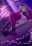  1girl black_nails boots breasts center_frills commentary_request drill_hair fairy_knight_tristan_(fate) fate/grand_order fate_(series) fingernails frilled_skirt frills full_moon grey_eyes high_heels highres indoors kuraikurairey lips long_hair looking_down medium_breasts moon pink_hair pointy_ears red_moon sharp_fingernails skirt slit_pupils smile solo thick_thighs thigh_boots thighhighs thighs window 