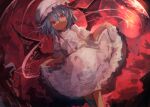  1girl absurdres bangs bat_wings blue_hair bow closed_mouth dress dutch_angle feet_out_of_frame frilled_dress frilled_hat frills hair_between_eyes hat hat_bow highres kaamin_(mariarose753) long_hair looking_at_viewer magic_circle outdoors red_bow red_eyes red_sky remilia_scarlet short_sleeves skirt_hold sky smile solo standing touhou white_dress white_headwear wings 