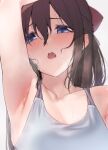  1girl arm_up armpit_focus armpits blue_eyes blush bow brown_hair collarbone commentary_request hair_between_eyes hair_bow highres long_hair looking_at_viewer love_live! love_live!_nijigasaki_high_school_idol_club nasuno_(nasuno42) open_mouth ousaka_shizuku red_bow shirt simple_background solo sweat teeth upper_body upper_teeth white_background white_shirt 