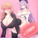  2girls absurdres all_fours ass azur_lane bismarck_(azur_lane) black_footwear black_headwear black_jacket blue_eyes boots braid breasts buttons censored cleavage coat cum detached_sleeves double-breasted eyebrows_visible_through_hair french_braid fur-trimmed_boots fur_trim futa_with_female futanari gold_trim hair_between_eyes highres huge_breasts jacket kneeling long_hair mosaic_censoring multiple_girls penis pink_background purple_coat purple_eyes purple_hair rikuguma rodney_(azur_lane) sex simple_background teeth thigh_boots thighhighs two-tone_coat vaginal very_long_hair white_coat white_footwear x-ray 