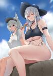  2girls animal_ears arknights arm_strap bangs bare_legs bare_shoulders bikini black_bikini black_headwear black_ribbon blue_sky blush breasts chinese_commentary closed_mouth cloud collarbone commentary_request day earrings extra_ears eyebrows_visible_through_hair feet_out_of_frame food grani_(arknights) high_ponytail highres holding holding_food horse_ears ice_cream_cone jewelry large_breasts lens_flare long_hair md5_mismatch multiple_girls navel off_shoulder open_mouth outdoors ponytail purple_eyes red_eyes resolution_mismatch ribbon side-tie_bikini silver_hair single_bare_shoulder skadi_(arknights) sky smile sunlight swimsuit thighs underboob very_long_hair visor_cap xperiajoker 