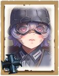  1girl bandaid bangs commentary company_of_heroes dirty dirty_face english_commentary german_army goggles goggles_on_head hair_between_eyes hat helmet military military_hat military_uniform open_mouth original pink_eyes portrait purple_hair short_hair solo teeth uniform world_war_ii zhainan_s-jun 