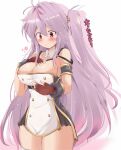  1girl absurdres azur_lane bangs blush breast_conscious breasts cleavage collarbone commentary_request eyebrows_visible_through_hair gloves grenville_(azur_lane) hair_between_eyes hair_ornament highres large_breasts long_hair multicolored_hair one_side_up purple_hair red_eyes solo thighhighs tonchinkan translated 