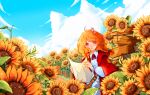  1girl absurdres ahoge bangs blue_sky braid brown_eyes cloud cloud_focus day flower hair_flower hair_ornament highres holding holding_map long_hair long_sleeves map neck_ribbon original outdoors red_ribbon red_robe ribbon sign sky smile solo sunflower teeth touya_(touyachann) twin_braids upper_teeth 