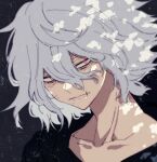  1boy anoko_(darenokoanoko) bangs black_background black_hoodie boku_no_hero_academia closed_mouth collarbone commentary_request grey_hair hair_between_eyes highres hood hood_down hoodie light_particles male_focus messy_hair portrait scar shigaraki_tomura short_hair solo wrinkled_skin 