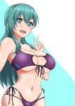  1girl bare_shoulders bikini breasts center_opening cleavage eyebrows_visible_through_hair green_eyes green_hair hair_between_eyes hair_over_shoulder hand_up highres kantai_collection koutarou_(plusdrive) large_breasts long_hair midriff navel open_mouth purple_bikini sideboob solo string_bikini suzuya_(kancolle) swimsuit teeth thighs two-tone_background upper_teeth v 