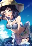  1girl 40_(0f0urw) ;d absurdres aiba_uiha arm_up bare_arms bare_shoulders bikini black_hair blue_eyes blue_flower blurry blurry_background braid breasts brown_headwear commentary_request commission day depth_of_field fisheye flower frilled_bikini frills hand_on_headwear hat highres horizon looking_at_viewer nijisanji ocean one_eye_closed outdoors see-through skeb_commission small_breasts smile solo striped striped_bikini swimsuit vertical-striped_bikini vertical_stripes virtual_youtuber water 