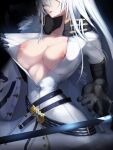  1girl azur_lane bangs belt black_background black_gloves breasts buttons coat_dress double-breasted elbow_gloves gloves hair_between_eyes hair_over_eyes high_collar highres large_breasts long_hair nipples open_mouth snap-fit_buckle sonaworld sovetskaya_rossiya_(azur_lane) white_hair 
