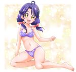  1girl :d ahoge bangs barefoot bow bow_panties bra breasts cleavage collarbone full_body groin hair_bow hair_ornament hair_over_shoulder hairclip hanzou highres long_hair looking_at_viewer medium_breasts navel panties pink_bow precure purple_bow purple_bra purple_hair purple_panties purple_ribbon ribbon ribbon-trimmed_bra shiny shiny_hair sitting smile solo suzumura_sango tropical-rouge!_precure twintails underwear underwear_only yellow_eyes 