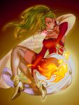  1girl 2019 ankle_boots bare_shoulders boots breasts bridal_gauntlets cape cleavage copyright_name dated earrings final_fantasy final_fantasy_vi fire green_eyes green_hair high_heel_boots high_heels highres jewelry large_breasts long_hair necklace ponytail solo strapless thighhighs tina_branford twitter_username white_cape white_legwear yellow_footwear yuccoshi 