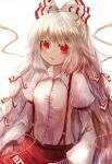  1girl baggy_pants bangs bow buttons collared_shirt commentary_request eyebrows_visible_through_hair fujiwara_no_mokou hair_between_eyes hair_bow highres long_hair long_sleeves maho_moco ofuda ofuda_on_clothes pants red_eyes red_pants shirt simple_background sleeve_garter solo suspenders touhou very_long_hair white_background white_bow white_hair white_shirt 