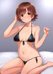  1girl arm_up bangs barefoot bikini black_bikini breasts brown_hair collarbone commentary_request eyebrows_visible_through_hair front-tie_top hand_up honda_mio idolmaster idolmaster_cinderella_girls looking_at_viewer medium_breasts navel on_bed short_hair side-tie_bikini sitting smile solo swimsuit tareme tomajiyama yellow_eyes yokozuwari 