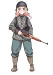  1girl bangs blonde_hair boots camouflage camouflage_headwear camouflage_jacket closed_mouth commentary company_of_heroes full_body gewehr_43 green_eyes green_footwear green_pants gun hat holding holding_gun holding_weapon jacket long_hair looking_at_viewer military military_hat military_jacket military_uniform original pants solo transparent_background trigger_discipline uniform weapon world_war_ii zhainan_s-jun 