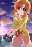  1girl :3 absurdres backlighting bangs bare_shoulders blue_eyes blush bow bracelet breasts buttons closed_mouth cloud cloudy_sky collarbone commentary_request dress eyebrows_visible_through_hair gradient_sky hair_between_eyes happy highres higurashi_no_naku_koro_ni holding jacket jewelry long_sleeves looking_at_viewer mashimaro_tabetai necklace orange_hair outdoors parted_bangs pink_dress red_bow ryuuguu_rena short_hair sky sleeveless sleeveless_dress smile solo standing star_(sky) starry_sky twilight yellow_jacket 