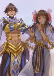  1boy 1girl black_hair bracelet dark-skinned_female dark-skinned_male dark_skin dress fate/grand_order fate/prototype fate/prototype:_fragments_of_blue_and_silver fate_(series) flower gloves hair_flower hair_ornament highres jewelry long_hair looking_at_viewer muscular nefertari_(fate) open_mouth ozymandias_(fate) purple_eyes qiongsheng short_hair smile stomach yellow_eyes 