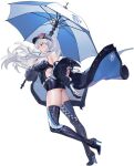  1girl artist_request ass asymmetrical_gloves azur_lane bare_shoulders bird black_footwear boots breasts cleavage enterprise_(azur_lane) enterprise_(wind_catcher)_(azur_lane) eyewear_on_head full_body gloves hat high_heel_boots high_heels highres holding holding_umbrella jacket knee_boots kurumi_(recycllamo) large_breasts leotard long_hair looking_to_the_side off_shoulder official_alternate_costume official_art ponytail purple_eyes race_queen silver_hair standing sunglasses thigh_boots thighhighs transparent_background umbrella uneven_gloves 