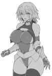  1girl armor bare_shoulders braid braided_ponytail breasts cameltoe chest_strap covered_navel covered_nipples elbow_gloves fate/apocrypha fate_(series) faulds gauntlets gloves greyscale headpiece highleg highleg_leotard highres jeanne_d&#039;arc_(fate) jeanne_d&#039;arc_(fate/apocrypha) large_breasts leotard long_hair monochrome solo thick_thighs thighhighs thighs winterbigfoot 