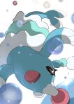 :d black_eyes brionne bubble commentary_request eyelashes fangs highres koma_nezumi no_humans open_mouth pink_pupils pokemon pokemon_(creature) smile solo tongue white_background 
