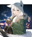  1girl absurdres animal_ear_fluff animal_ears bangs black_legwear blurry blurry_background blush braid brown_gloves commentary_request ear_down extra_ears eyebrows_visible_through_hair fang fox_(user_svjz5723) fox_ears fox_girl fox_tail fur-trimmed_jacket fur_trim gloves green_eyes green_jacket hair_between_eyes highres holding_up hololive jacket korean_commentary letterboxed long_hair looking_at_viewer open_clothes open_jacket open_mouth pantyhose pentagram shirakami_fubuki shirt sidelocks single_braid sitting skin_fang solo tail virtual_youtuber white_hair white_shirt 