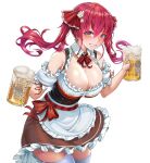  1girl alcohol apron bare_shoulders barmaid beer beer_mug blouse blush bodice breasts cleavage cowboy_shot cup detached_collar dirndl dress earrings flower from_side german_clothes grin hair_flower hair_ornament hasaya heterochromia highres hololive houshou_marine jewelry large_breasts leaning_forward long_hair looking_at_viewer low_neckline mug neck_ribbon pinafore_dress red_eyes red_hair ribbon sideways_glance simple_background smile thighhighs twintails underbust virtual_youtuber waist_apron white_background white_legwear yellow_eyes zettai_ryouiki 