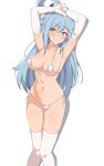  1girl :d absurdres aqua_(konosuba) armpits arms_up bangs bikini breasts choker elbow_gloves eyebrows_visible_through_hair front-tie_bikini front-tie_top gloves grin hair_between_eyes hair_rings highres kono_subarashii_sekai_ni_shukufuku_wo! large_breasts light_blue_eyes light_blue_hair long_hair looking_at_viewer seihekiog side-tie_bikini simple_background smile solo string_bikini swimsuit thigh_gap thighhighs very_long_hair white_background white_bikini white_choker white_gloves white_legwear 