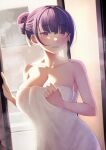  1girl bath blush breasts collarbone eyebrows_visible_through_hair genshin_impact hair_ornament highres kul_(ngsensei) large_breasts lips looking_at_viewer mole mole_under_eye nail_polish parted_lips purple_eyes purple_hair raiden_shogun solo teeth tied_hair towel 