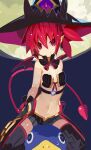  1girl 1other alternate_costume commentary_request company_connection cosplay demon_girl demon_tail demon_wings detached_collar disgaea etna fang flat_chest full_moon gloves hair_between_eyes hat living_clothes looking_at_viewer majo_to_hyakkihei makai_senki_disgaea metallica_(majo_to_hyakkihei) metallica_(majo_to_hyakkihei)_(cosplay) mini_wings miyakawa106 moon navel nippon_ichi pointy_ears prinny red_eyes red_hair red_tail shorts sitting sitting_on_person smile stomach sweatdrop tail thighhighs wings witch_hat 