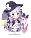 1girl :o akatsuki_(ytkg5558) animal_ears artist_name black_bow black_jacket blush bow bowtie brown_footwear cat_ears cat_girl cat_tail chibi chinese_commentary commentary_request fang full_body grey_hair halloween hat highres holding holding_staff jacket leg_up long_hair looking_at_viewer multicolored_hair open_mouth original pink_bow pink_bowtie pink_hair pleated_skirt purple_eyes shirt simple_background skirt sleeves_past_fingers sleeves_past_wrists solo staff standing streaked_hair tail tail_bow tail_ornament thick_eyebrows thighhighs white_background white_legwear white_shirt white_skirt wide_sleeves witch witch_hat zettai_ryouiki 