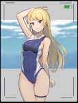  1girl absurdres battery_indicator bh_zhu_baihe_hua blonde_hair blue_swimsuit breasts chinese_commentary commentary_request competition_swimsuit cowboy_shot green_eyes highres long_hair looking_at_viewer medium_breasts one-piece_swimsuit original recording solo standing swimsuit two-tone_swimsuit viewfinder 