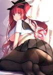  1girl absurdres ass azur_lane bangs bed_sheet black_legwear black_panties black_sailor_collar black_skirt blunt_bangs blurry blurry_background blush breasts crop_top embarrassed eyebrows_visible_through_hair feet hair_ornament highres honolulu_(azur_lane) honolulu_(umbrella_girl)_(azur_lane) indoors large_breasts liya long_hair looking_at_viewer official_alternate_costume on_bed panties panties_under_pantyhose pantyhose pillow pleated_skirt red_eyes red_hair sailor_collar school_uniform serafuku shirt sidelocks sitting skirt soles solo underwear white_shirt 