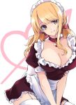  1girl alternate_costume apron arrow_through_heart bangs black_choker blonde_hair breasts brown_eyes choker cleavage closed_mouth dress eyebrows_visible_through_hair fairy_tail frilled_dress frills garter_straps hair_ribbon heart_pendant highres large_breasts long_hair looking_at_viewer lucy_heartfilia maid maid_apron maid_headdress maru_(pixiv51714255) pendant_choker ribbon short_dress short_sleeves sidelocks sitting smile solo swept_bangs thighhighs twintails white_background white_legwear zettai_ryouiki 