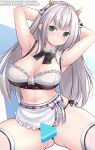  1girl animal_ears apron armpits black_bow black_bowtie blush bow bowtie breasts censored cow_ears cow_horns eyebrows_visible_through_hair fanbox_username frills gabriel_evangel green_eyes grey_hair highres hololive horns large_breasts long_hair looking_at_viewer mole mole_on_breast panties patreon_username reward_available shirogane_noel simple_background smile solo spread_legs string_bikini string_panties thighhighs underwear virtual_youtuber white_background white_hair white_legwear wing_collar 