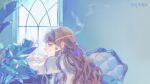  1girl allsinbad bangs blue_eyes brown_hair chinese_commentary cigarette commentary_request earrings ears fors_wall highres indoors jewelry long_hair lord_of_the_mysteries neck_ribbon plant purple_ribbon resting ribbon seat signature smoke_trail smoking solo table wall window 