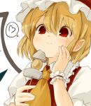  1girl \||/ ascot bangs blonde_hair blush closed_mouth commentary_request crystal eyebrows_visible_through_hair flandre_scarlet food frilled_shirt_collar frills hair_between_eyes hand_on_own_cheek hand_on_own_face hat heart holding holding_stick mob_cap oden partial_commentary red_eyes short_hair smile solo spoken_heart stick touhou upper_body wings yamabukiiro_(browncat) yellow_ascot 