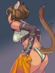  1girl 2018 animal_ear_fluff animal_ears ass avatar_(ff11) bare_shoulders blue_background breasts brown_eyes brown_hair cat_ears cat_girl cat_tail closed_mouth clothing_cutout commentary_request crop_top dated elbow_gloves final_fantasy final_fantasy_xi fingerless_gloves from_side gloves gradient gradient_background grey_background grey_gloves hairband medium_breasts midriff mithra_(ff11) motion_lines panties short_hair signature simple_background solo tail tail_cutout tail_raised twitter_username underwear white_panties yuccoshi 