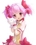  1girl blush bow check_commentary choker commentary_request crossover gloves hair_bow highres kaname_madoka magical_girl mahou_shoujo_madoka_magica nekopurin_(nyanko_prin) nyanko_daisensou open_mouth pink_bow pink_hair red_choker red_eyes short_hair short_twintails simple_background smile twintails upper_body white_background white_gloves 